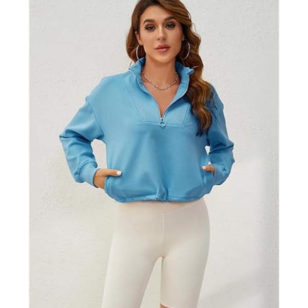 Athleisure Women Casual Solid Color Zip Collar Drawstring Fleece-Lined Sweatshirt