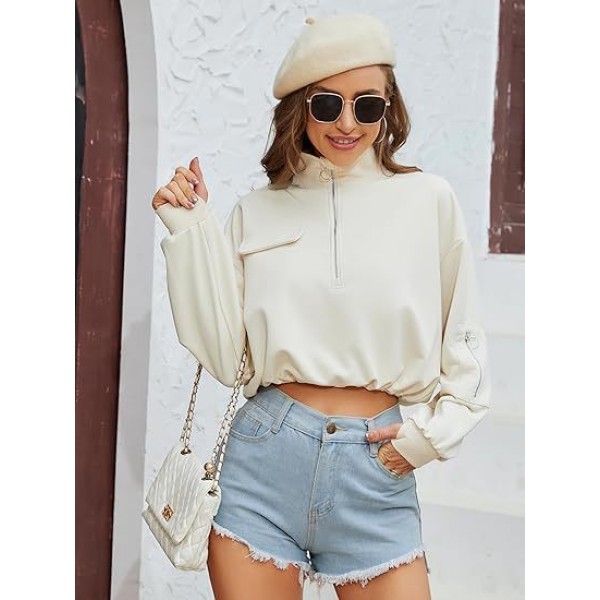 Women Fashion Solid Color Zipper Long Sleeve Sweatshirt