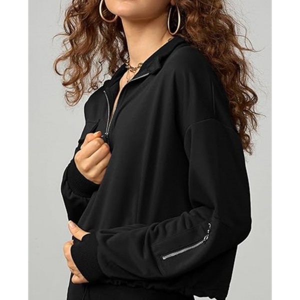 Women Fashion Solid Color Zipper Long Sleeve Sweatshirt