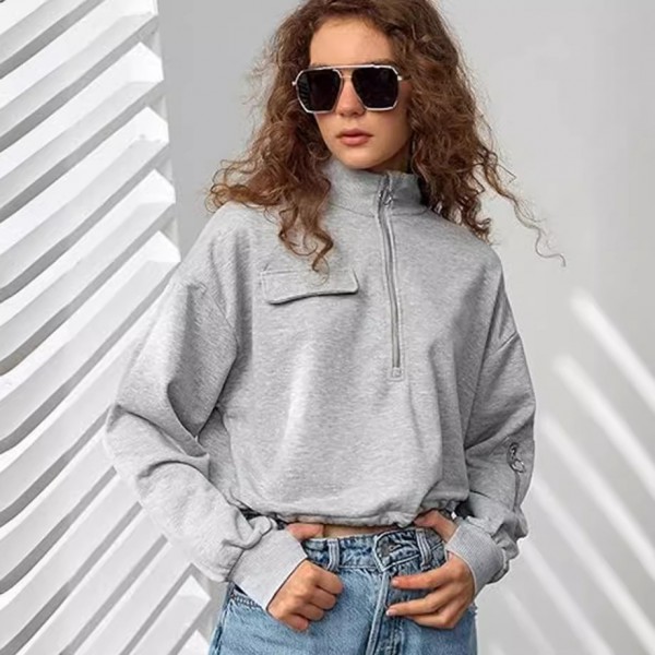 Women Fashion Solid Color Zipper Long Sleeve Sweatshirt