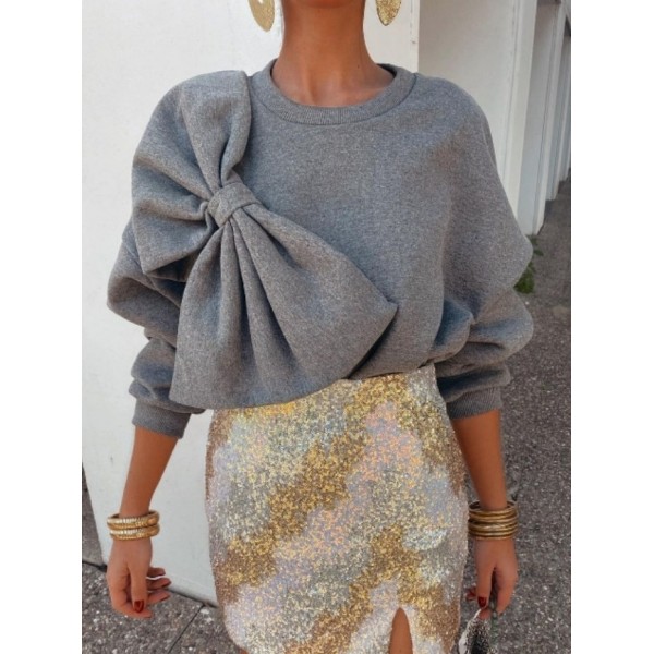 Women Casual Solid Color Bow Sweatshirt