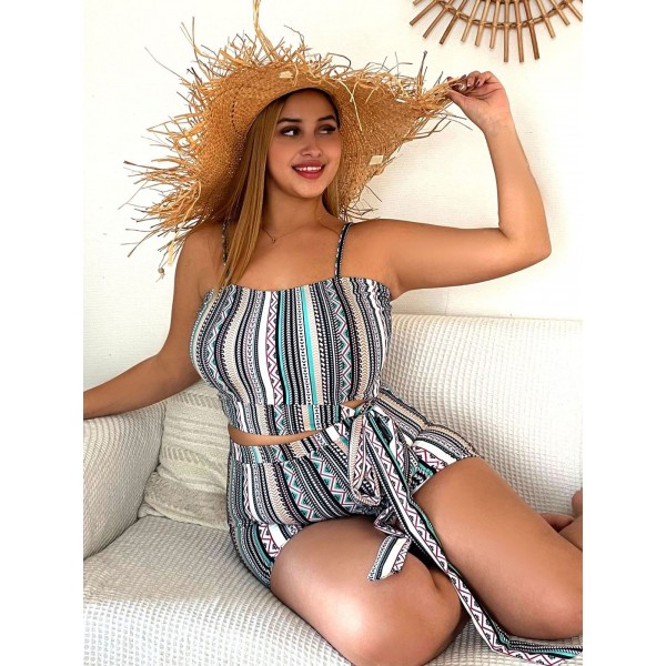 Summer Women Fashionable Plus Size Stripe Print Sling High Waist Swimsuit Set