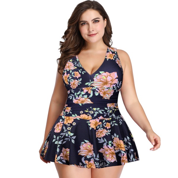 Summer Women Fashionable Plus Size V-Neck Floral Printed Swimsuit Set