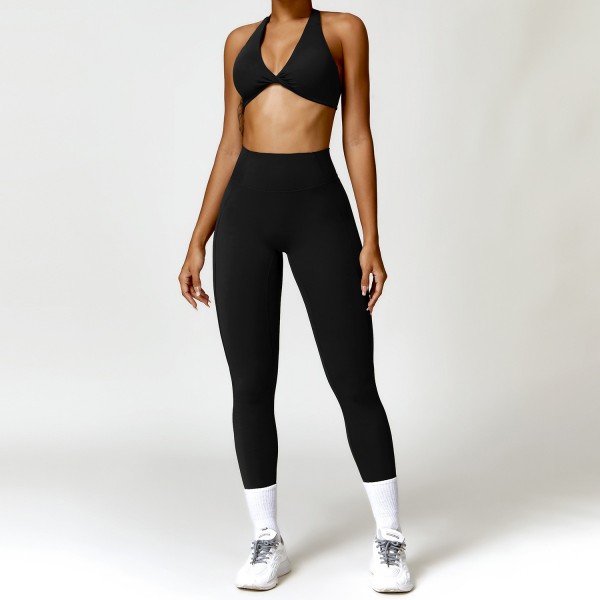 Women Fashion Solid Color Hanging Neck Bra And Sports Leggings Two-Piece Set