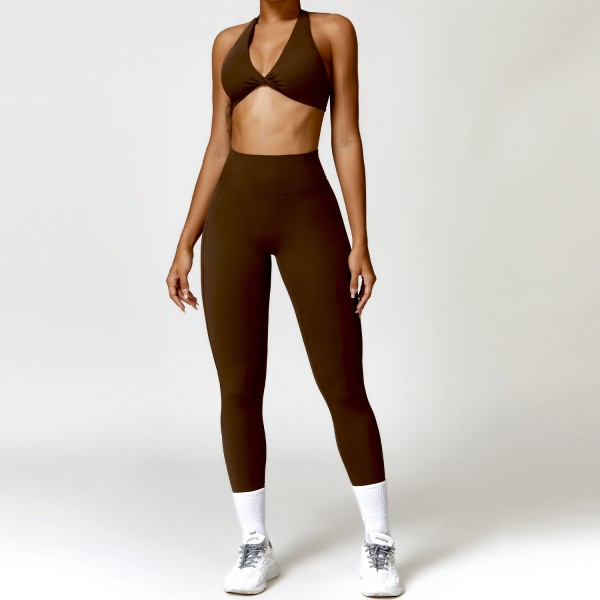 Women Fashion Solid Color Hanging Neck Bra And Sports Leggings Two-Piece Set