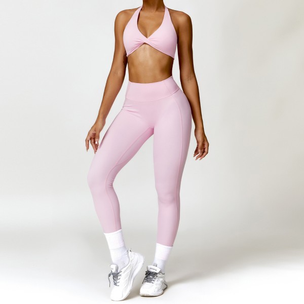 Women Fashion Solid Color Hanging Neck Bra And Sports Leggings Two-Piece Set