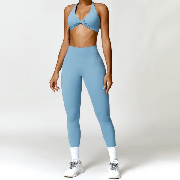 Women Fashion Solid Color Hanging Neck Bra And Sports Leggings Two-Piece Set