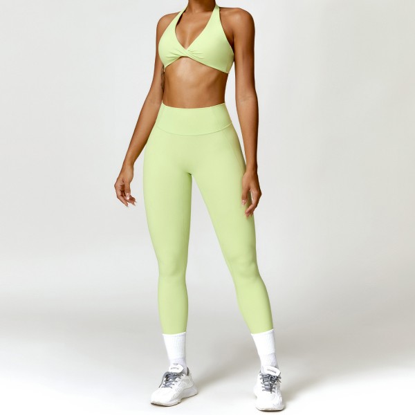 Women Fashion Solid Color Hanging Neck Bra And Sports Leggings Two-Piece Set