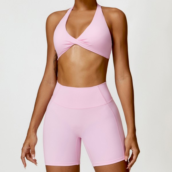 Athleisure Women Fashion Solid Color Hanging Neck Bra And Sports Leggings Two-Piece Set