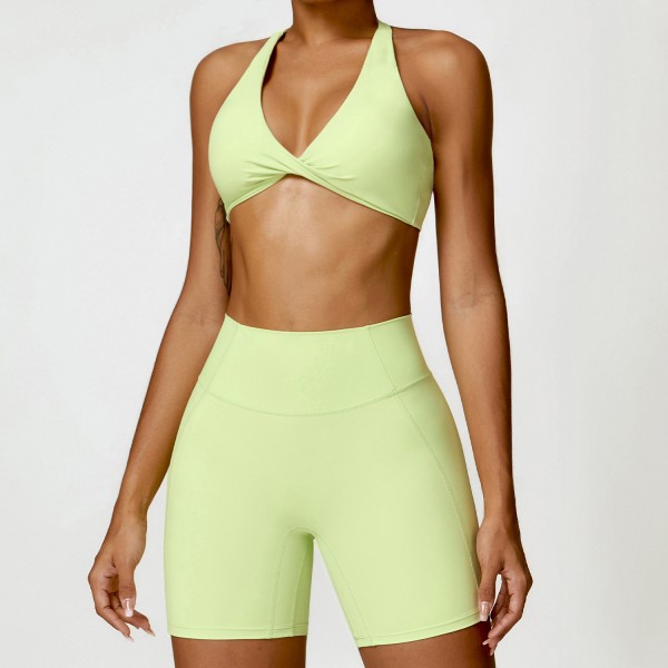 Athleisure Women Fashion Solid Color Hanging Neck Bra And Sports Leggings Two-Piece Set