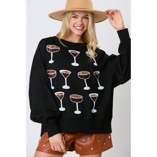 Women Fashion Wine Glass Sequins Sweatshirt