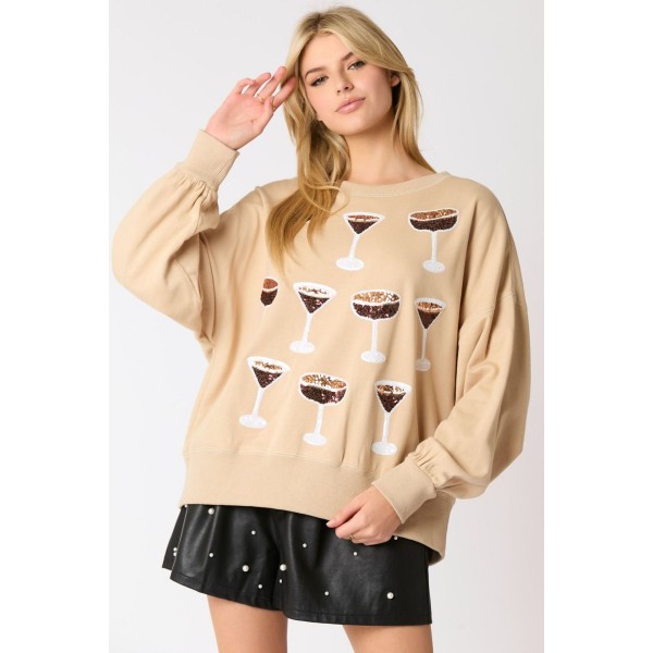 Women Fashion Wine Glass Sequins Sweatshirt