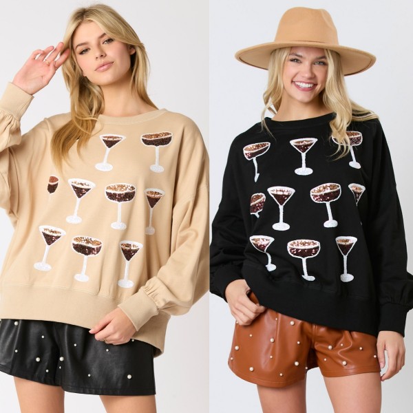 Women Fashion Wine Glass Sequins Sweatshirt