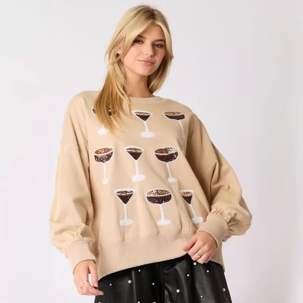 Women Fashion Wine Glass Sequins Sweatshirt