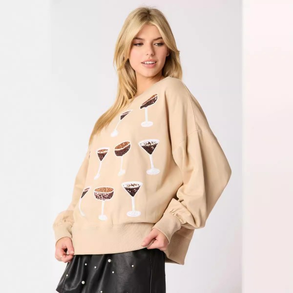 Women Fashion Wine Glass Sequins Sweatshirt