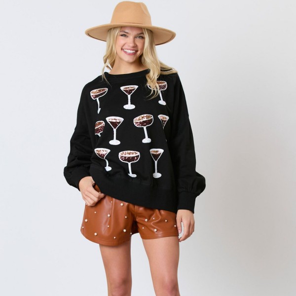 Women Fashion Wine Glass Sequins Sweatshirt