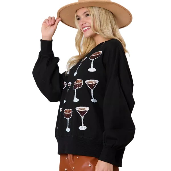 Women Fashion Wine Glass Sequins Sweatshirt