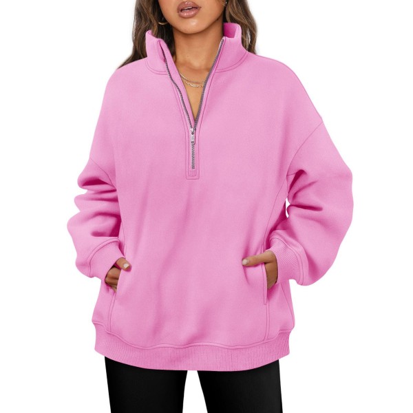 Women Fashionable Solid Color Thickened Long Sleeve Sweatshirt With Half Zip Collar