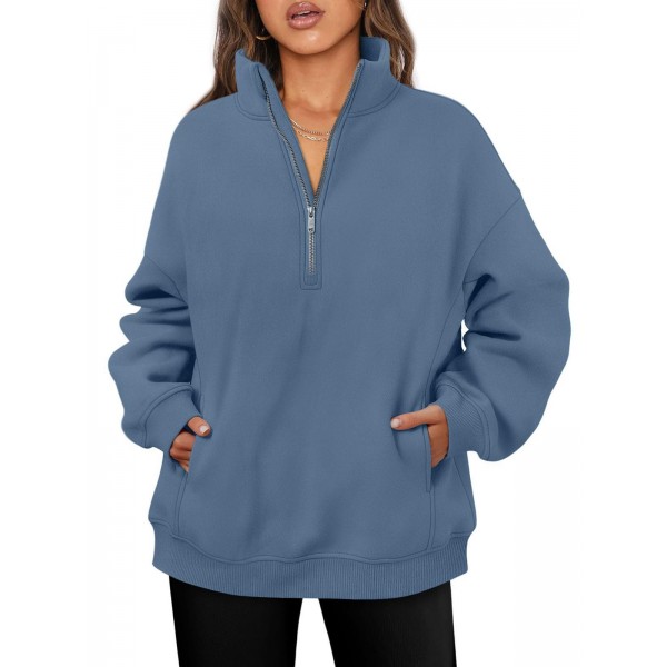 Women Fashionable Solid Color Thickened Long Sleeve Sweatshirt With Half Zip Collar