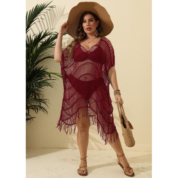 Summer Women Leisure Vacation Beach Plus Size Perspective Tassel Bikini Swimsuit Cover-Ups