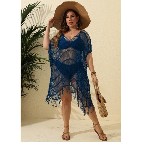 Summer Women Leisure Vacation Beach Plus Size Perspective Tassel Bikini Swimsuit Cover-Ups