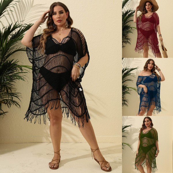 Summer Women Leisure Vacation Beach Plus Size Perspective Tassel Bikini Swimsuit Cover-Ups