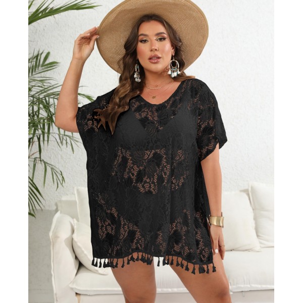 Summer Women Sexy Plus Size Lace Hollow Tassel Beach Bikini Cover-Ups