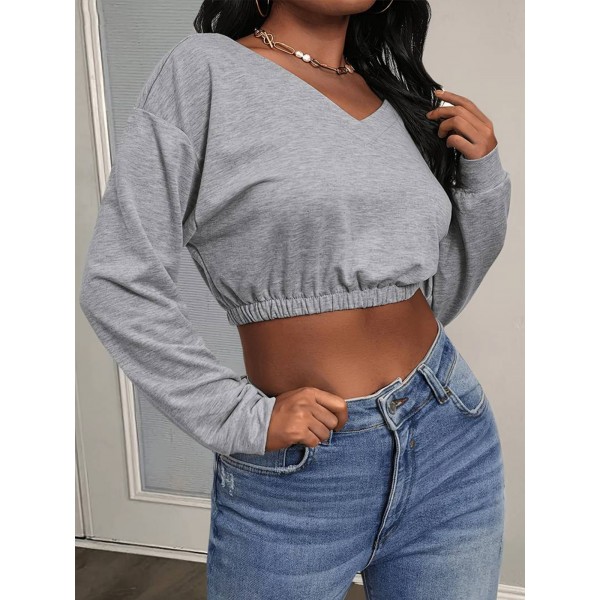 Women Fashion Sexy V-Neck Long Sleeve Crop Sweatshirt