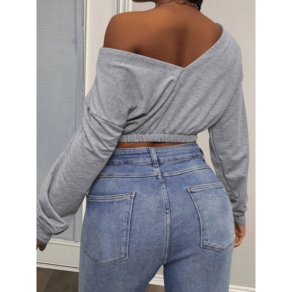 Women Fashion Sexy V-Neck Long Sleeve Crop Sweatshirt