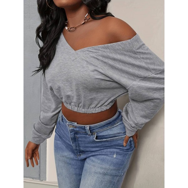 Women Fashion Sexy V-Neck Long Sleeve Crop Sweatshirt