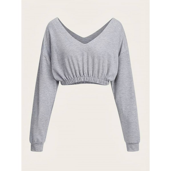 Women Fashion Sexy V-Neck Long Sleeve Crop Sweatshirt