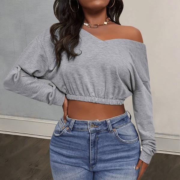 Women Fashion Sexy V-Neck Long Sleeve Crop Sweatshirt