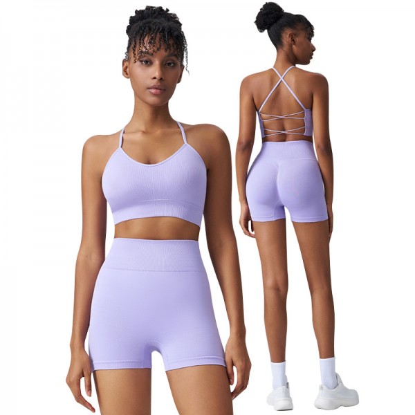 Summer Women'S Casual Running Fitness Shockproof Sling Bra High Waist Shorts Two-Piece Set