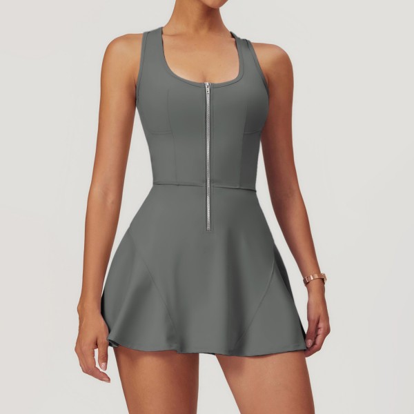 Women Fashion Yoga Tennis Solid Color Zipper Sport Dress