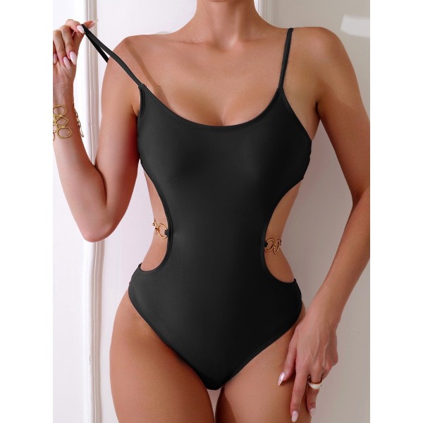 Solid Color Slim-Fit Swimsuit Sexy Backless Metal Ring One Piece Swimwear