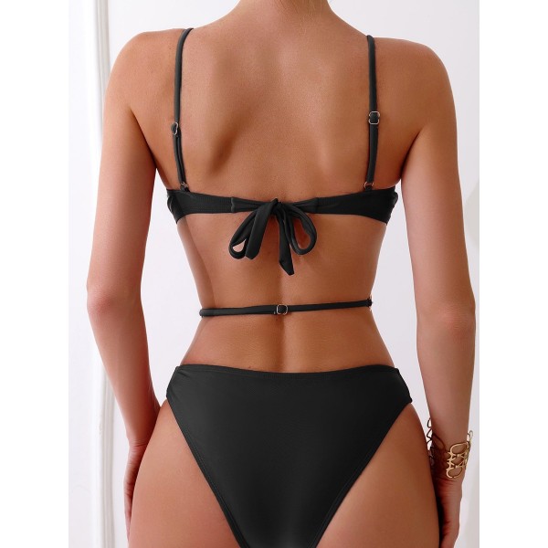 Solid Color Slim-Fit Swimsuit Sexy Backless Metal Ring One Piece Swimwear