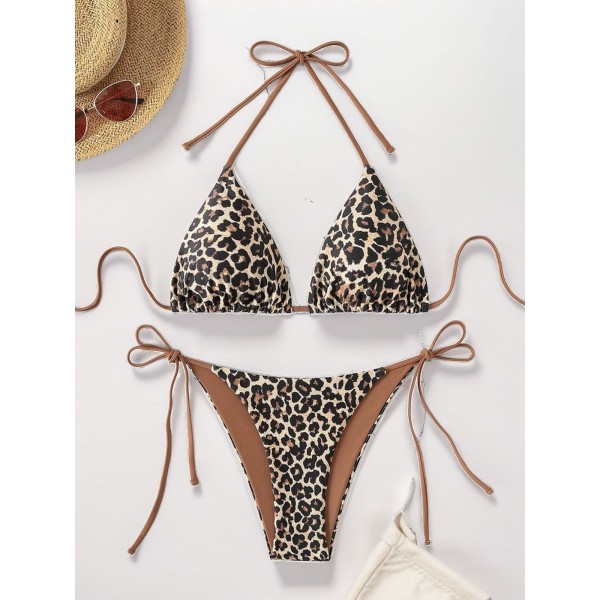 Summer Vacation Women Leopard Print Lace-Up Sexy Bikini Split Swimsuit Women