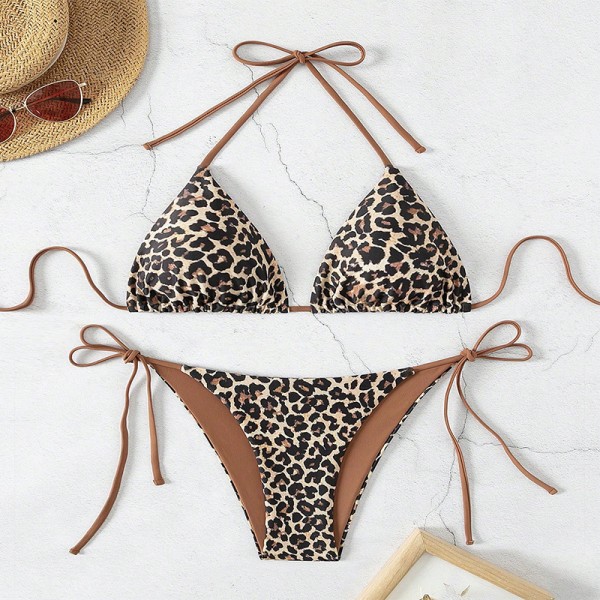 Summer Vacation Women Leopard Print Lace-Up Sexy Bikini Split Swimsuit Women