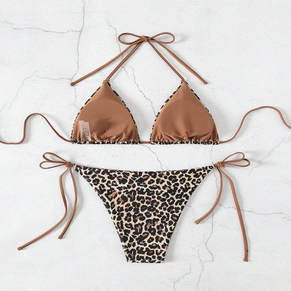 Summer Vacation Women Leopard Print Lace-Up Sexy Bikini Split Swimsuit Women