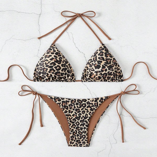 Summer Vacation Women Leopard Print Lace-Up Sexy Bikini Split Swimsuit Women