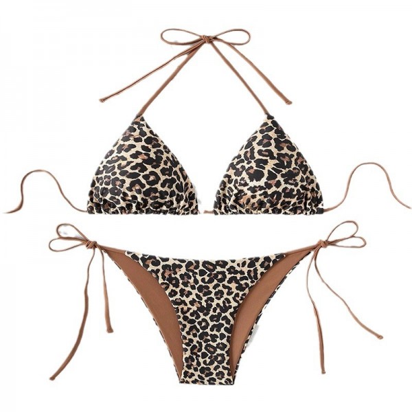 Summer Vacation Women Leopard Print Lace-Up Sexy Bikini Split Swimsuit Women