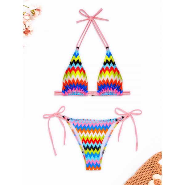 Women Sexy Wave Print Lace-Up Bikini