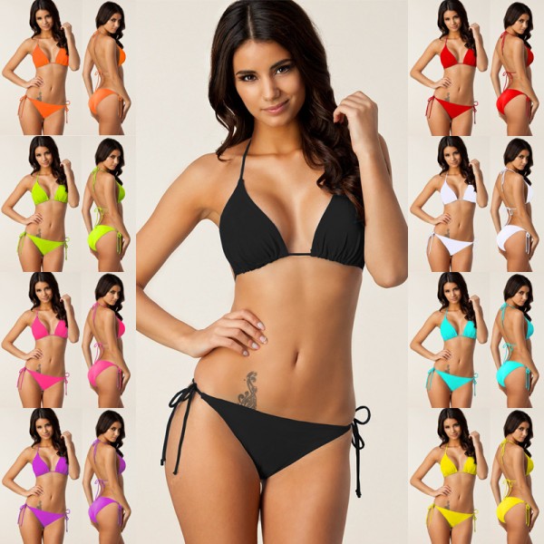 Women Fashion Sexy Solid Color Halter Neck Lace-Up Bikini Swimsuit Set