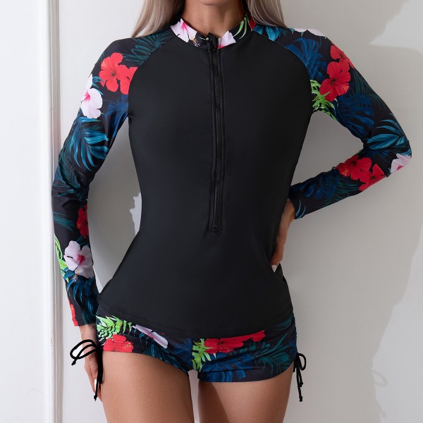 Women Fashion Floral Print Long Sleeve Zipper Conservative Swimwear Set Surfing Suit