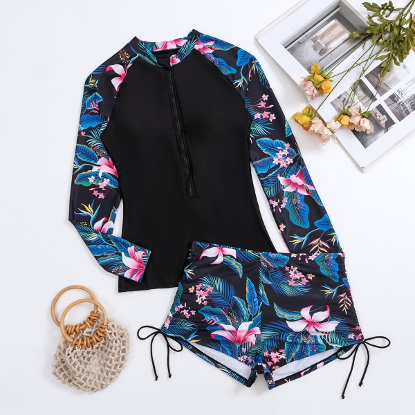 Women Fashion Floral Print Long Sleeve Zipper Conservative Swimwear Set Surfing Suit