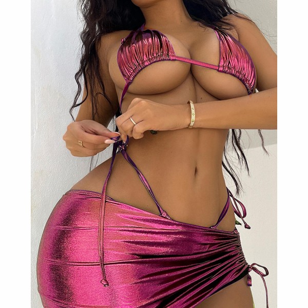 Women Fashion Sexy Bronzing Bikini Swimsuit Drawstring Skirt Three-Piece Set