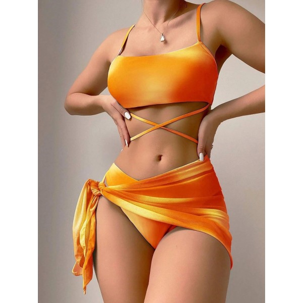 Summer Vacation Tie-Dye Bikini Coverup Women Three-Piece Swimwear Set