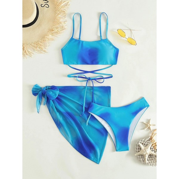 Summer Vacation Tie-Dye Bikini Coverup Women Three-Piece Swimwear Set