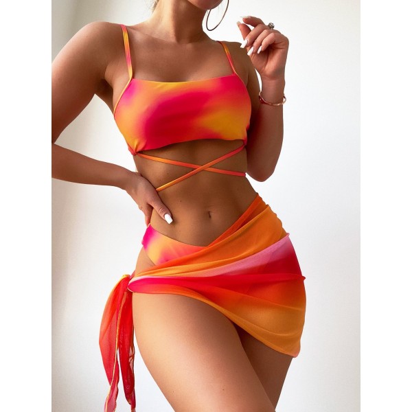 Summer Vacation Tie-Dye Bikini Coverup Women Three-Piece Swimwear Set