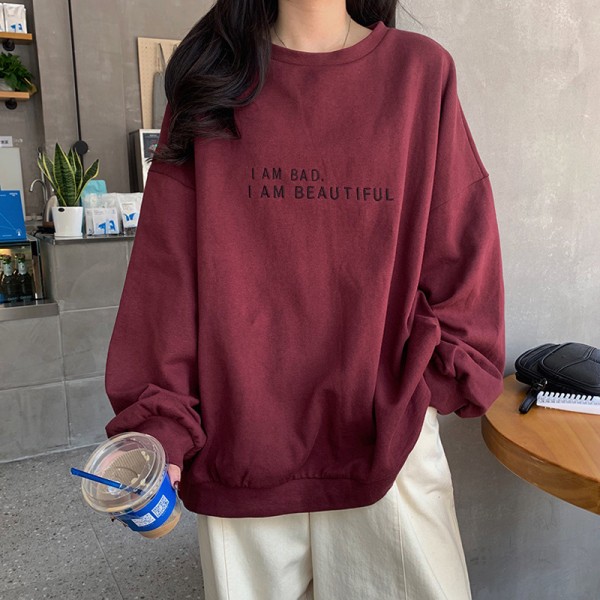 Women Fashion Solid Color Letter Print Round Neck Long Sleeve Sweatshirt